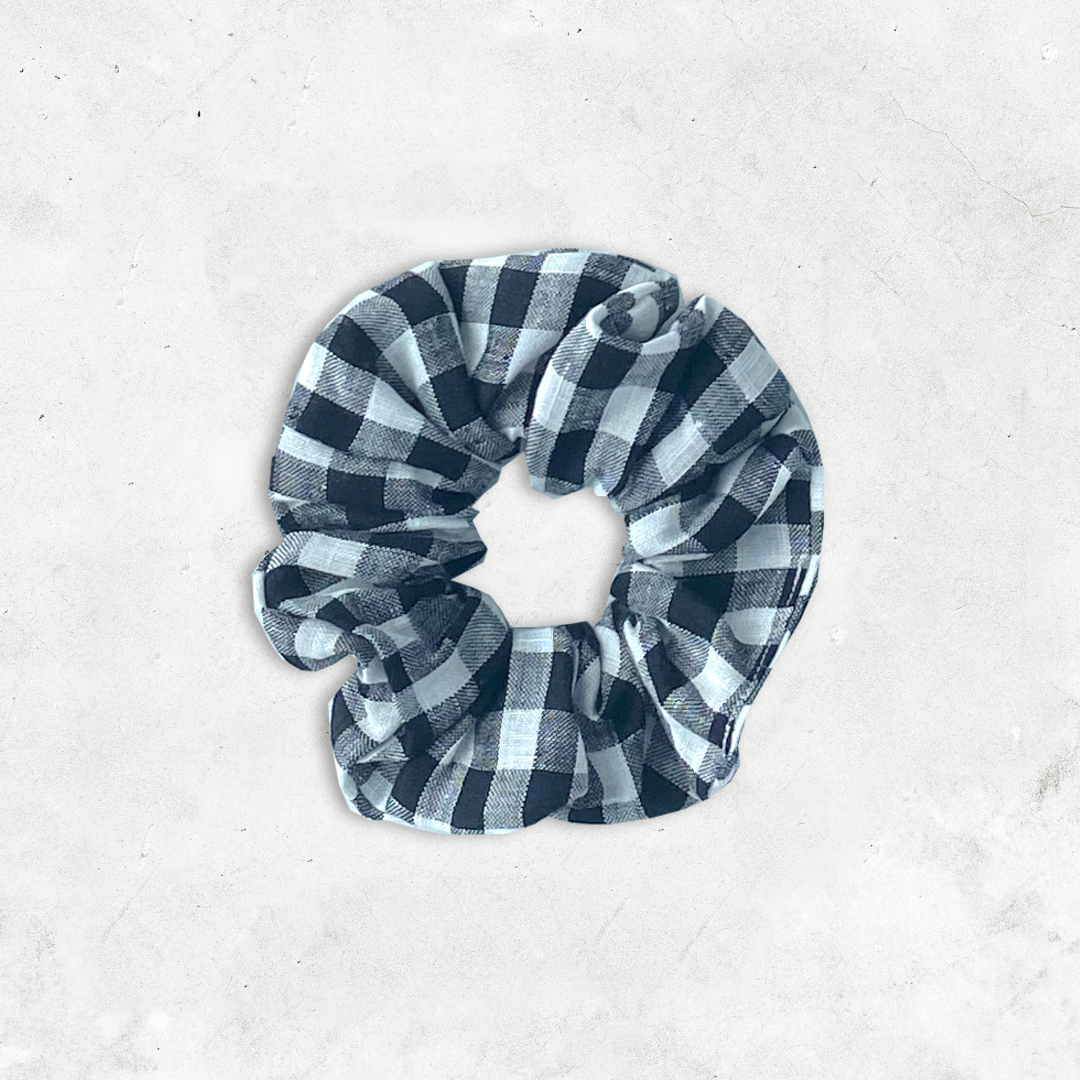Gift Box NZ | New Zealand made products | Small gift boxes NZ | Gift in New Zealand | Black and white gingham scrunchie handmade by Kiki & Co. Crafted from high-quality materials, this scrunchie is made from a soft linen fabric.