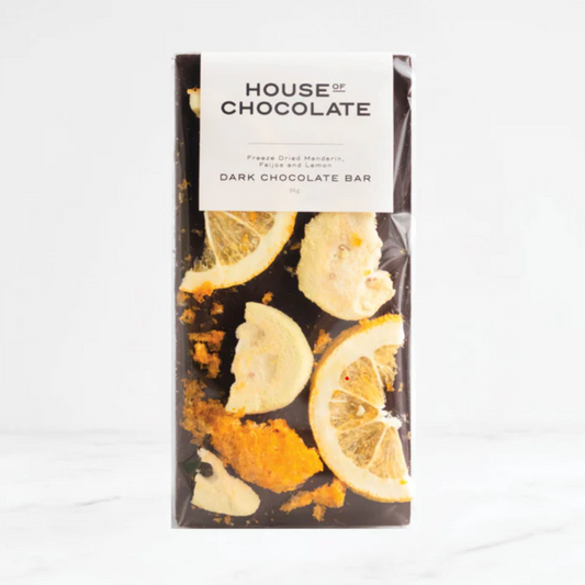 Freeze Dried Mandarin, Feijoa and Lemon Dark Chocolate Bar