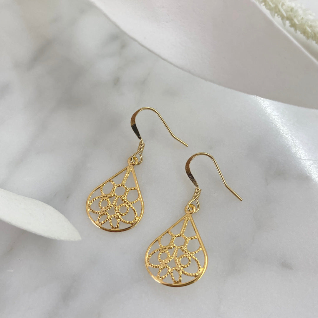 Gift Box NZ | New Zealand made products | Earrings | Gift in New Zealand | Beautiful earrings inspired by the shape of angel's wings incorporating design elements from Croatian heritage. Beautiful earrings are lightweight, easy to wear and make a statement. Made from gold plated stainless steel in a teardrop shape.