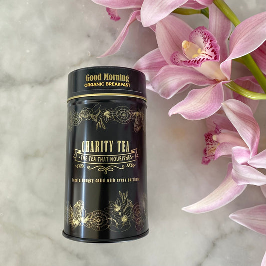 Enjoy the delicious flavour of Good Morning Organic Breakfast Teabags. This ethically sourced English breakfast tea contains an inviting blend of Fair Trade tea leaves from India and Sri Lanka. The signature tin contains 10 organic tea bags. Every purchase of Charity Tea™ helps feed a hungry child.