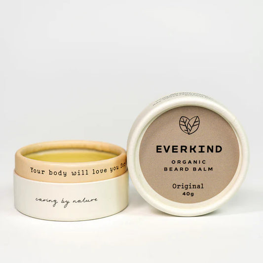 Everkind beard balm has a wild and earthy scent, with notes of fresh forest wilderness, luxurious citrus, and a spirit of adventure. It nourishes both skin and hair, to keep your beard soft and healthy. Packaged in a home compostable jar. Certified Organic. Cruelty Free. Made in New Zealand by Everkind.