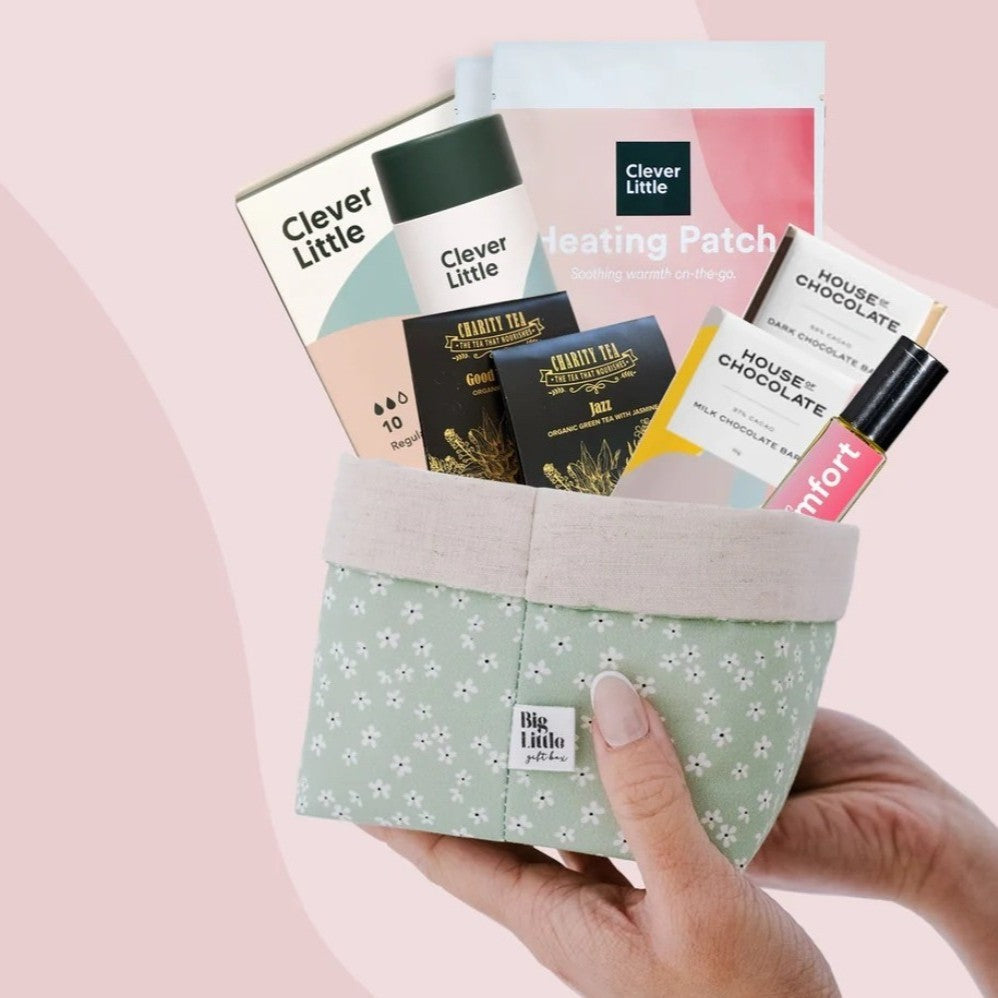 Eco-friendly self-care gift box NZ with period essentials, chocolates, tea, and more. Thoughtful, sustainable, and perfect for gifting.