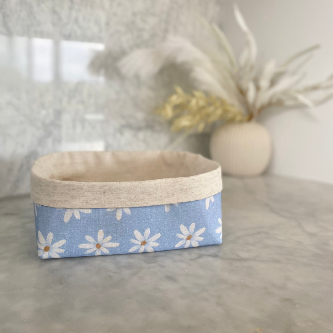Gift box NZ | Empty gift box | New Zealand made products | Box for a gift | If you need a larger box for your gifts then here it is! Our larger size blue daisy fabric box is the perfect choice! Handcrafted by Big Little Gift Box. Made from high-quality linen blend fabric in a delightful pale blue design.