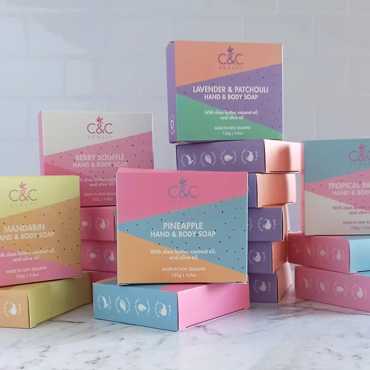 Gift Box NZ | New Zealand made products | Lavender & Patchouli Soap | Gift in New Zealand  Pineapple soap is lovingly handmade by C&C Beauty in small batches using the traditional cold process method, then cured for a minimum of six weeks. Cold process soap is amazing for sensitive skin types.