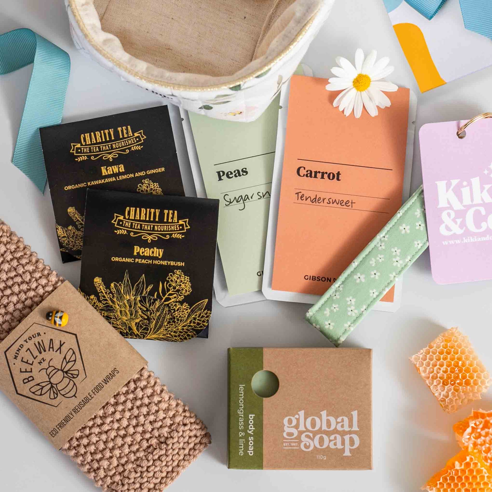 Fresh Beginnings Gift Box NZ – inspire growth NZ-made seeds, soap, organic wash cloth, keychain & tea. Eco-friendly, sustainable.