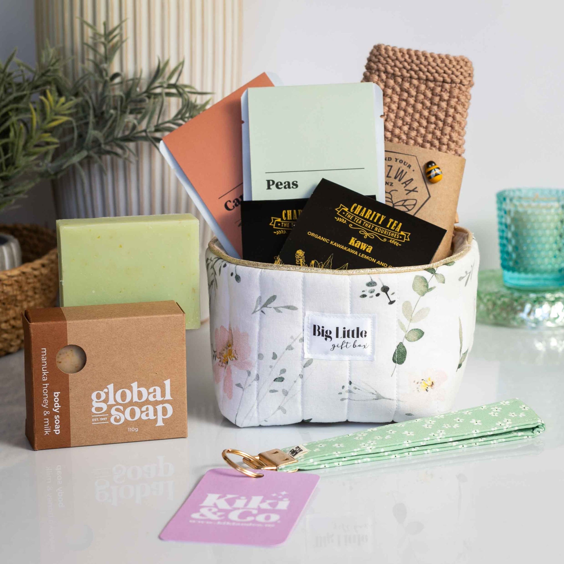 Fresh Beginnings Gift Box NZ – inspire growth NZ-made seeds, soap, organic wash cloth, keychain & tea. Eco-friendly, sustainable.