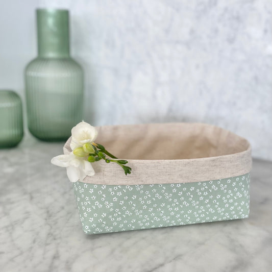 Gift box NZ | Empty gift box | New Zealand made products | Box for a gift | If you need a larger box for your gifts then here it is! Our larger size mint petals fabric box is the perfect choice! Handcrafted by Big Little Gift Box. Made from high-quality cotton fabric in a delightful mint green design.