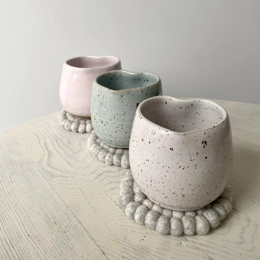 These beatifically crafted heart shaped mugs are made by Ceramics by Fiona in Christchurch and are available in pink or white. Ceramics are dishwasher and microwave safe, however like most handmade objects they will last longer if hand washed.
