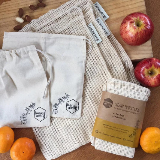 Honeywrap 100% Organic Cotton 5 Pack Produce Bags! Including Net and Fabric Bags. Pack include 3 large mesh bags and 2 small fabric bags. Made from certified organic cotton, these bags are durable, washable, foldable, ideal for all kinds of produce as well as being great for the planet!