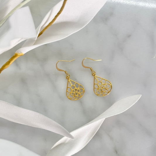 Gift Box NZ | New Zealand made products | Earrings | Gift in New Zealand |  Beautiful earrings inspired by the shape of angel's wings incorporating design elements from Croatian heritage. Beautiful earrings are  lightweight, easy to wear and make a statement. Made from gold plated stainless steel in a teardrop shape.