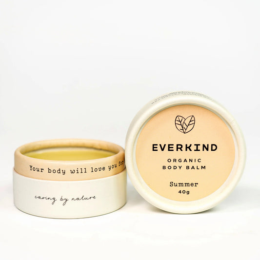 Summer is an all-over body balm bringing deep moisture to dry skin. The balm has a fresh and uplifting scent, with notes of wildflower fields, petals drifting through the long grass, and the feeling of running free. Packaged in a home compostable jar. Certified Organic. Cruelty Free. Made in New Zealand by Everkind.