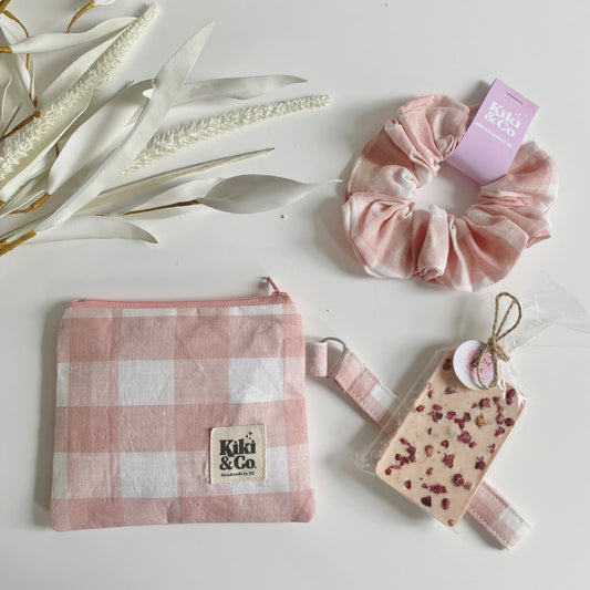Gift Box NZ | New Zealand made products | Small gift boxes NZ | Gift in New Zealand |  The sweetest gift box in a divine turquoise floral fabric (limited edition) with some beautiful Kiki&Co accessories. Pink & white gingham linen scrunchie and mini zipper pouch. White chocolate and Berry (hint of rose)