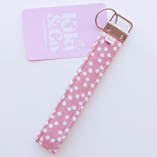 lewisandbucky Ready to Ship Polka Dot Wooden Heart Keychain with Clip and Tassel Keychain Mint Polka Dot Pink Tassel Fabric Clip Keychain